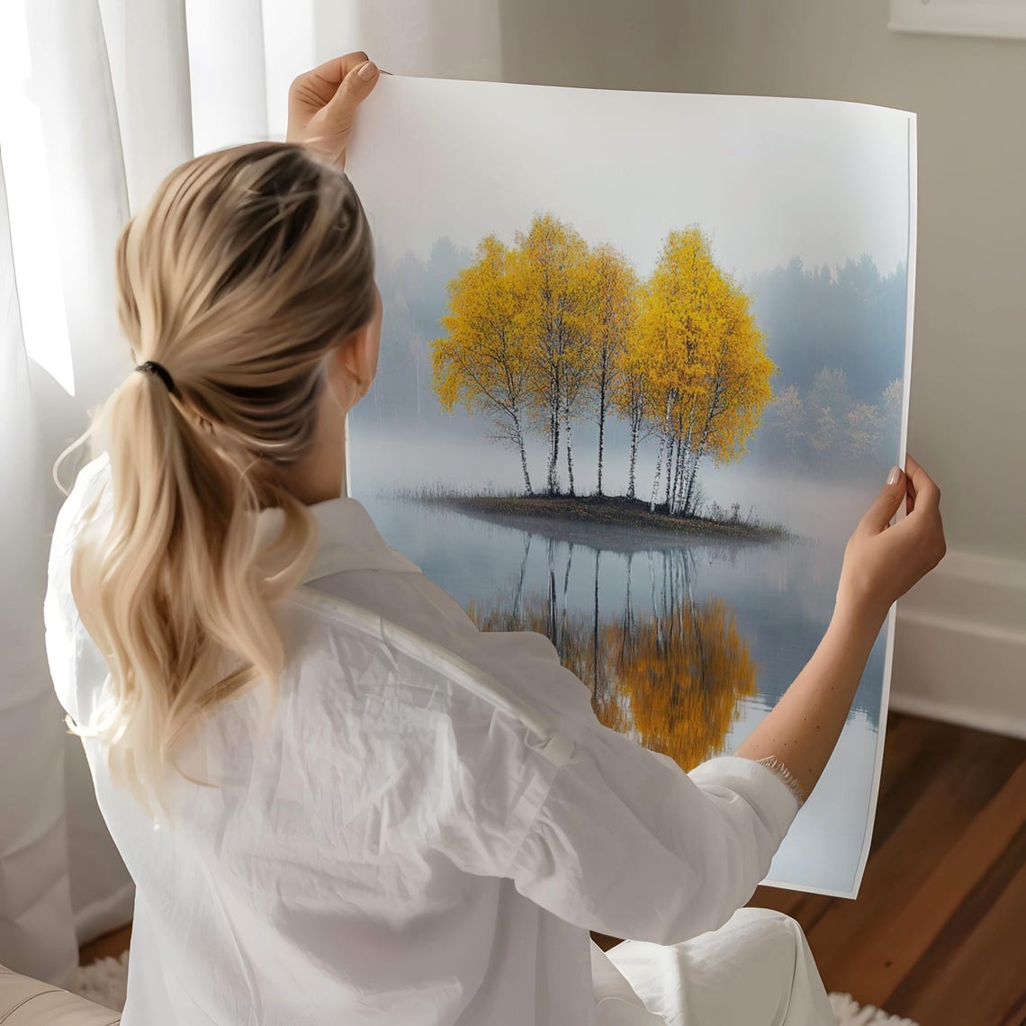 Golden Birch Trees Autumn Poster Misty Lake Reflection Nature Art - Image 3