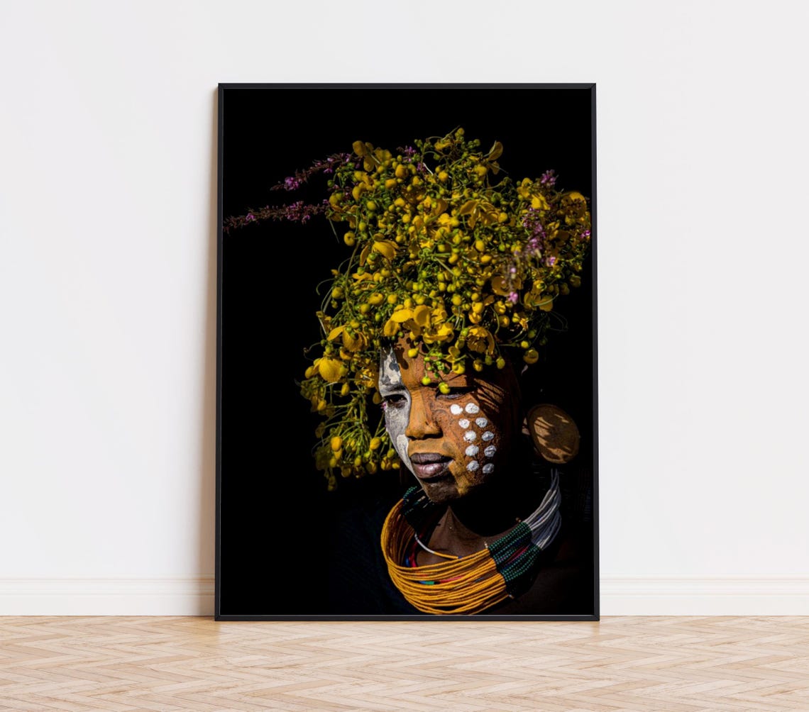 Suri Tribe Ethiopia Yellow Blossom Omo Valley Headdress Portrait Print