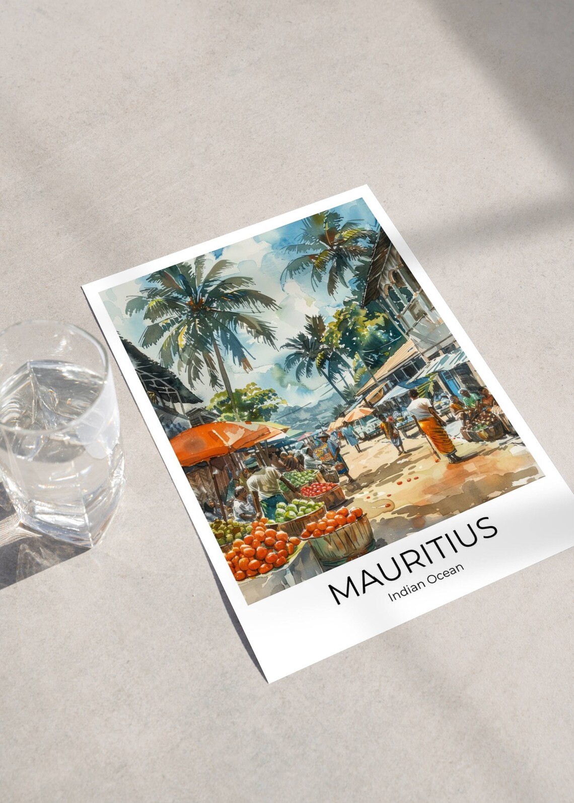 Mauritius Indian Ocean Street Market Palm Watercolor Travel Poster - Image 5