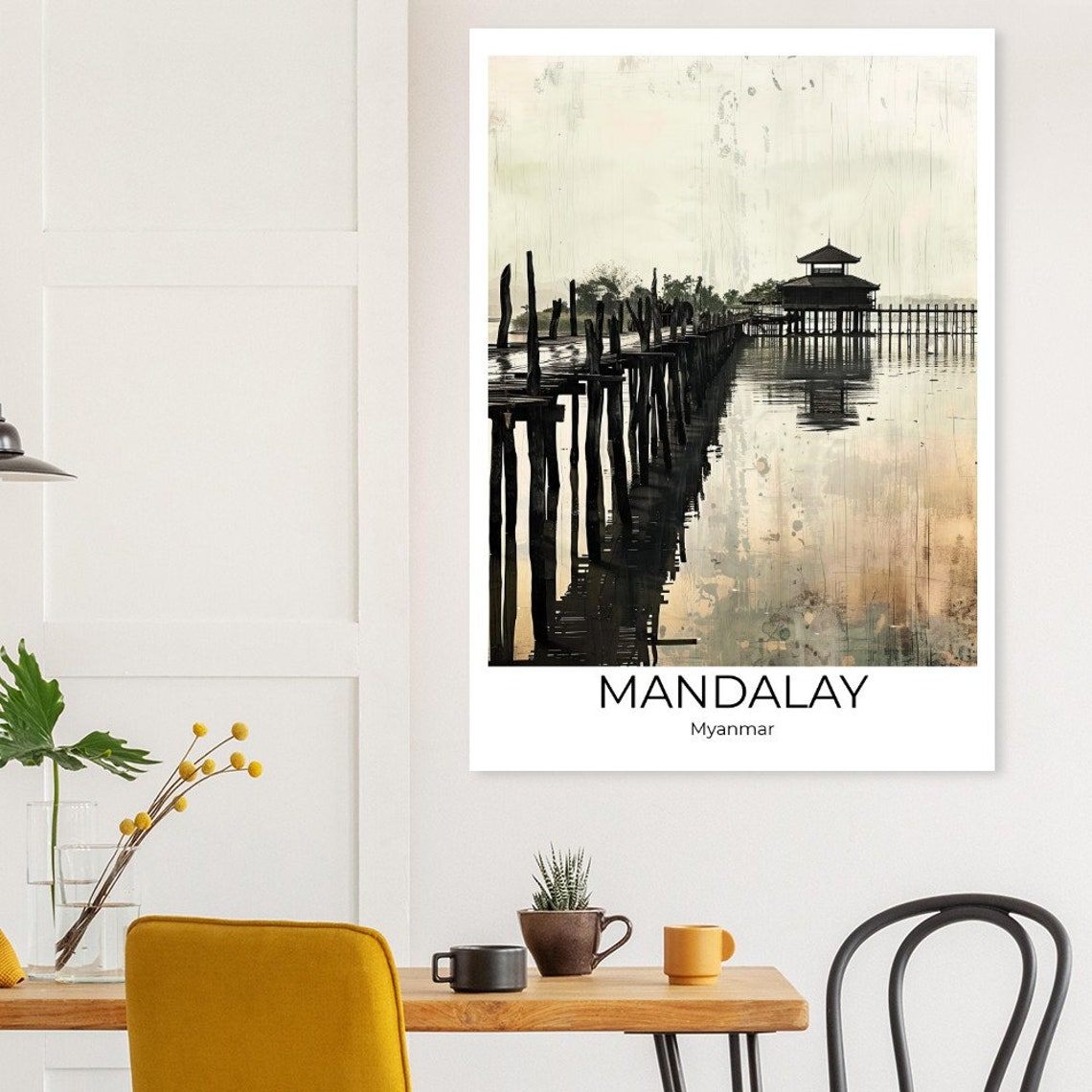 Mandalay Myanmar Teak Footbridge Still Lake Ink Wash Art Poster - Image 3
