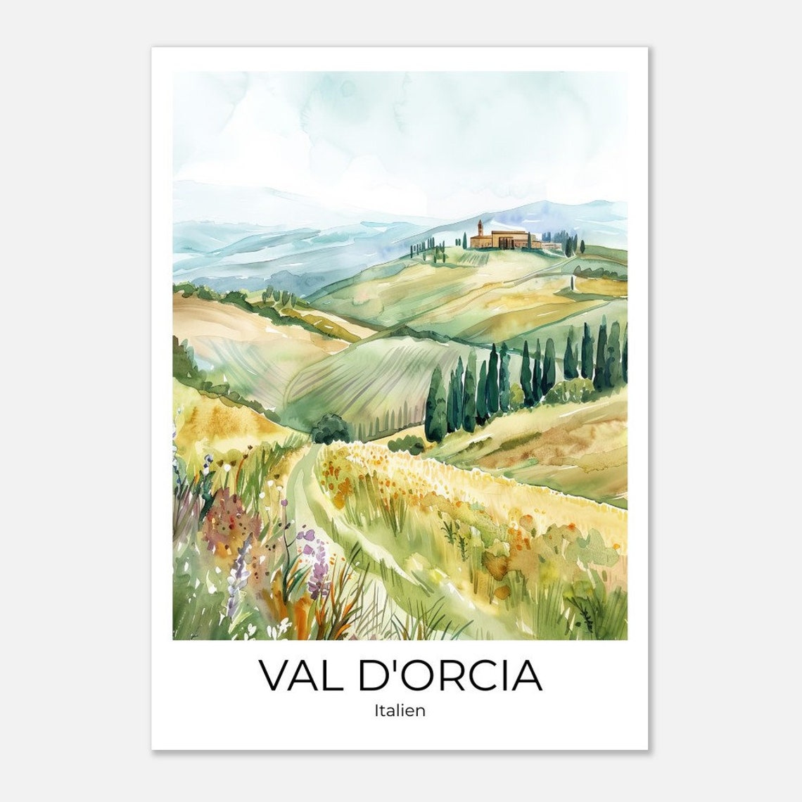 Val d'Orcia Watercolor Hills Wildflowers Tuscany Italy Poster