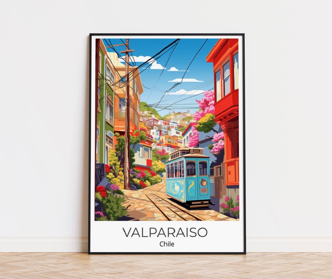 Valparaiso Chile Colorful Street Blue Tram Watercolor Poster