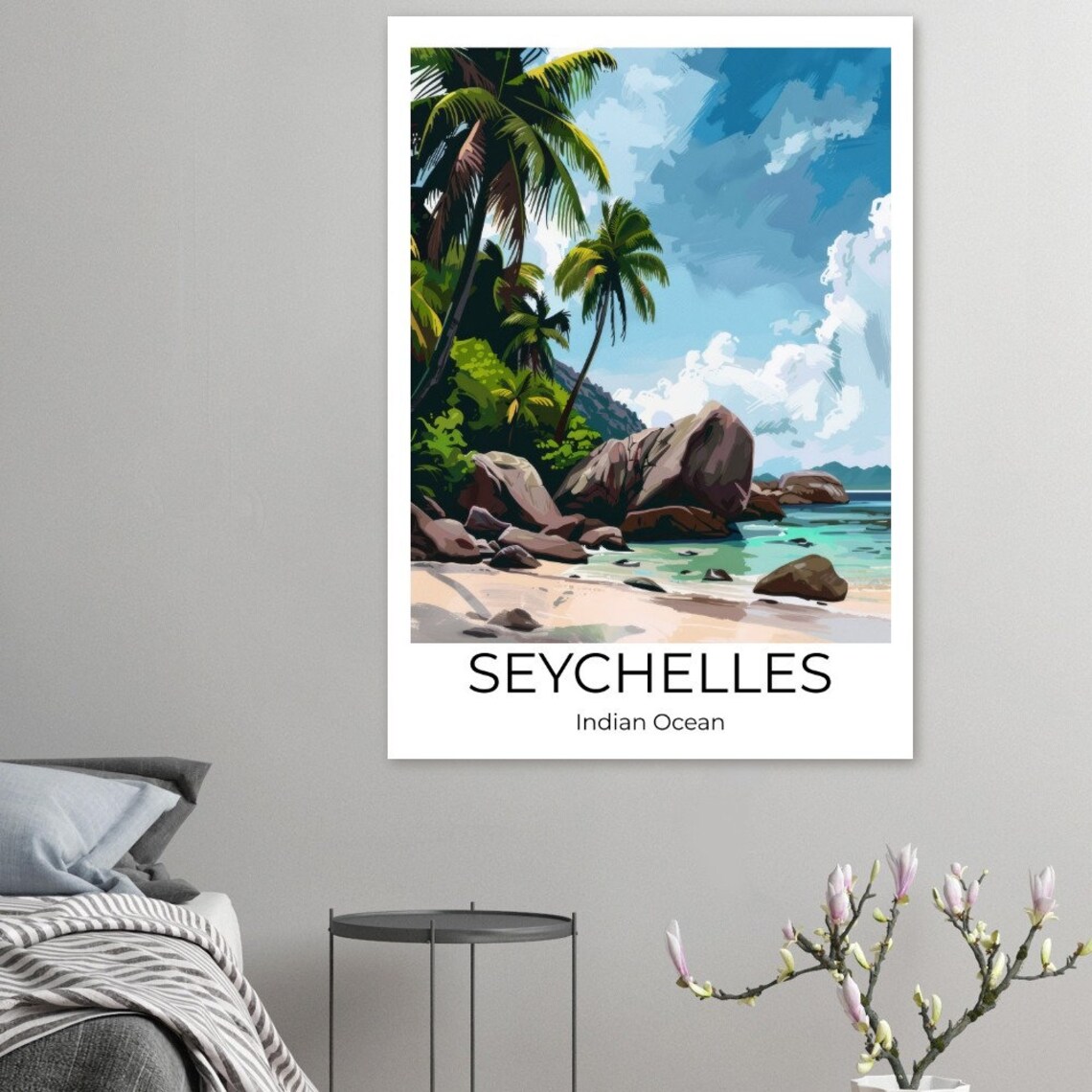 Seychelles Indian Ocean Tropical Beach Palm Watercolor Travel Poster - Image 4