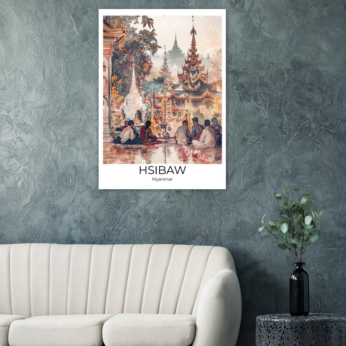 Hsibaw Myanmar Golden Pagodas Watercolor Worshippers Scene Poster - Image 3