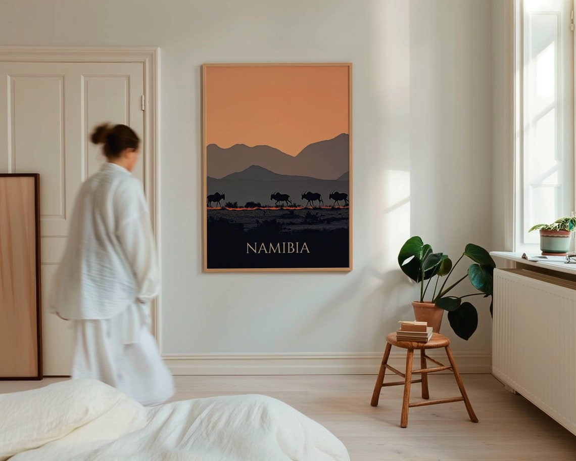 Namibia Oryx Dusk Silhouette Layered Mountains Desert Travel Poster - Image 5