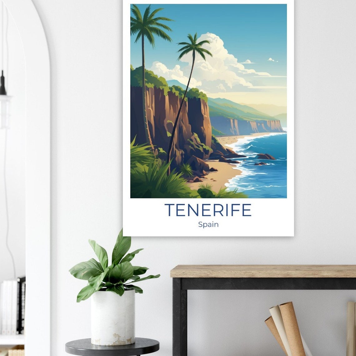 Tenerife Spain Dramatic Cliffs and Palms Above Turquoise Cove Poster - Image 2