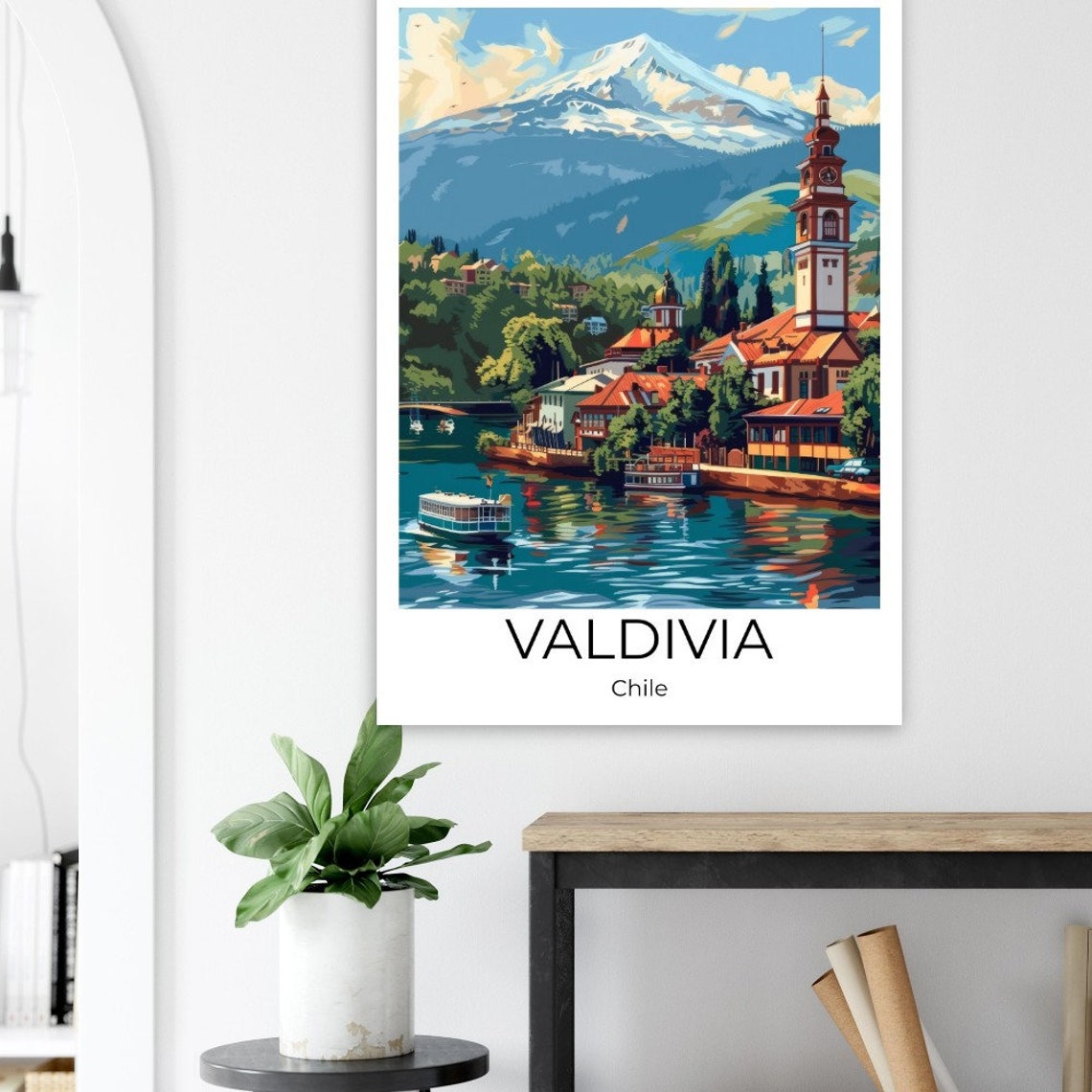 Valdivia Chile Riverside Clock Tower Snowy Volcano Travel Poster - Image 3