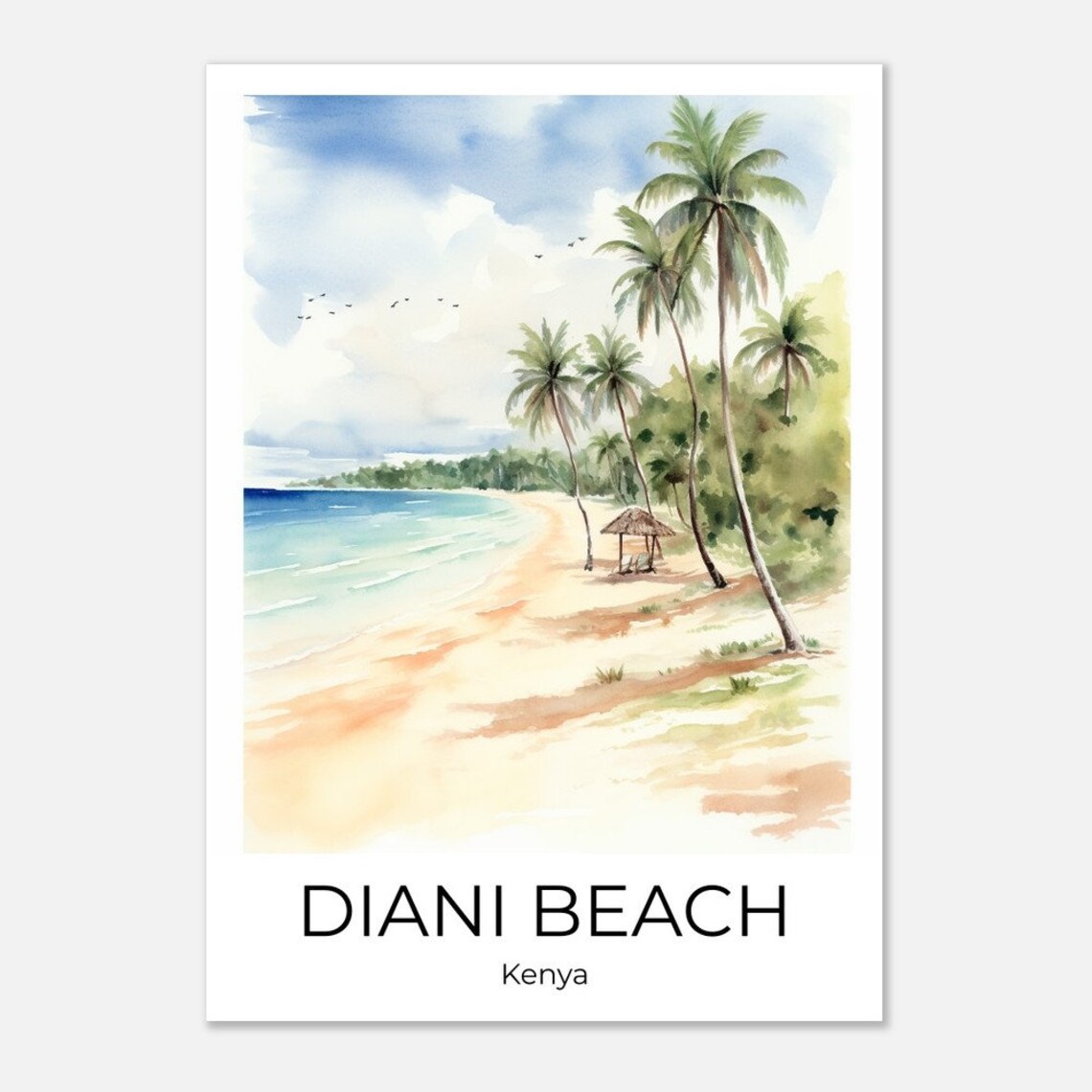 Diani Beach Kenya Watercolor Palm Trees and Thatched Hut Shore Poster - Image 4