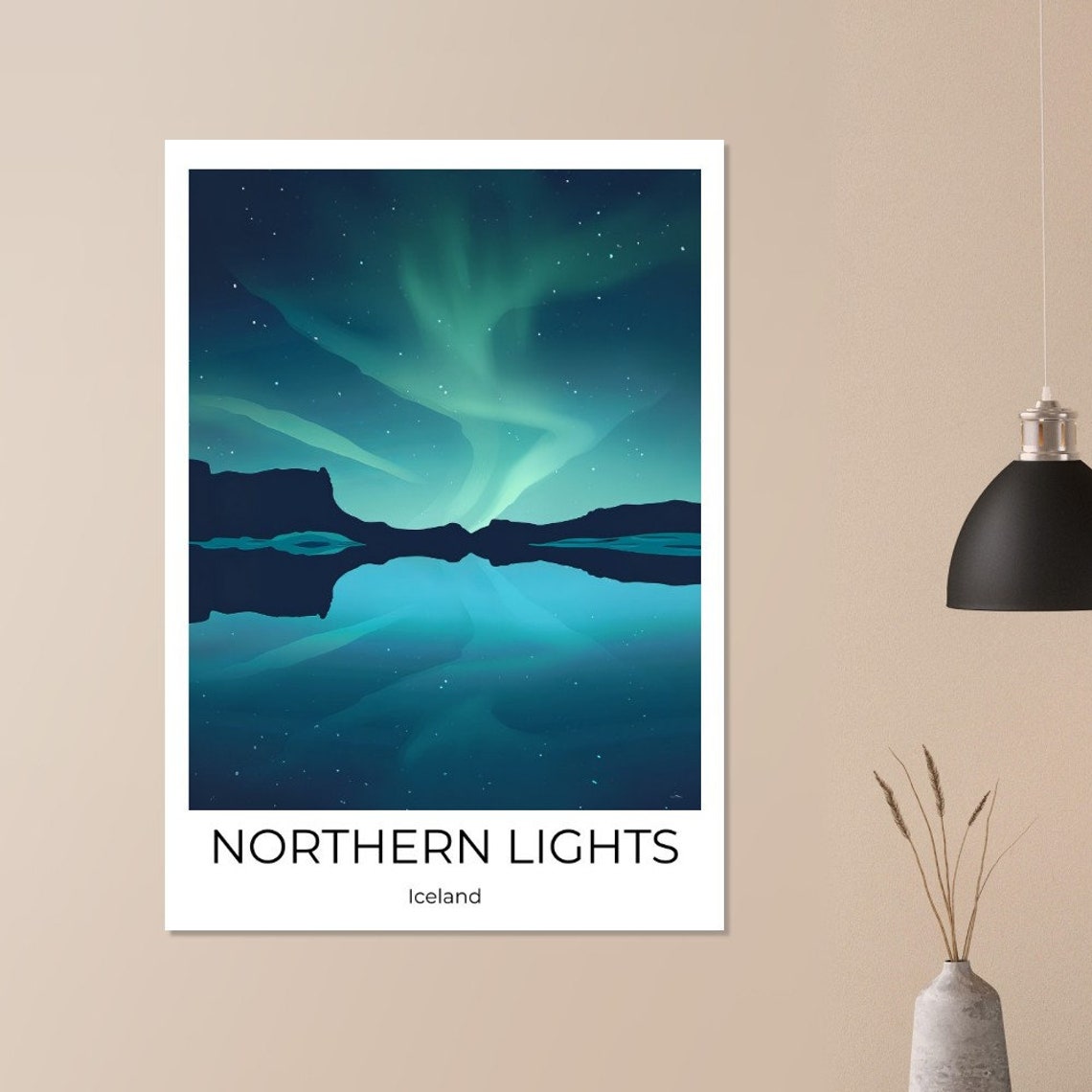 Northern Lights Iceland Aurora Over Still Water Night Sky Poster - Image 2