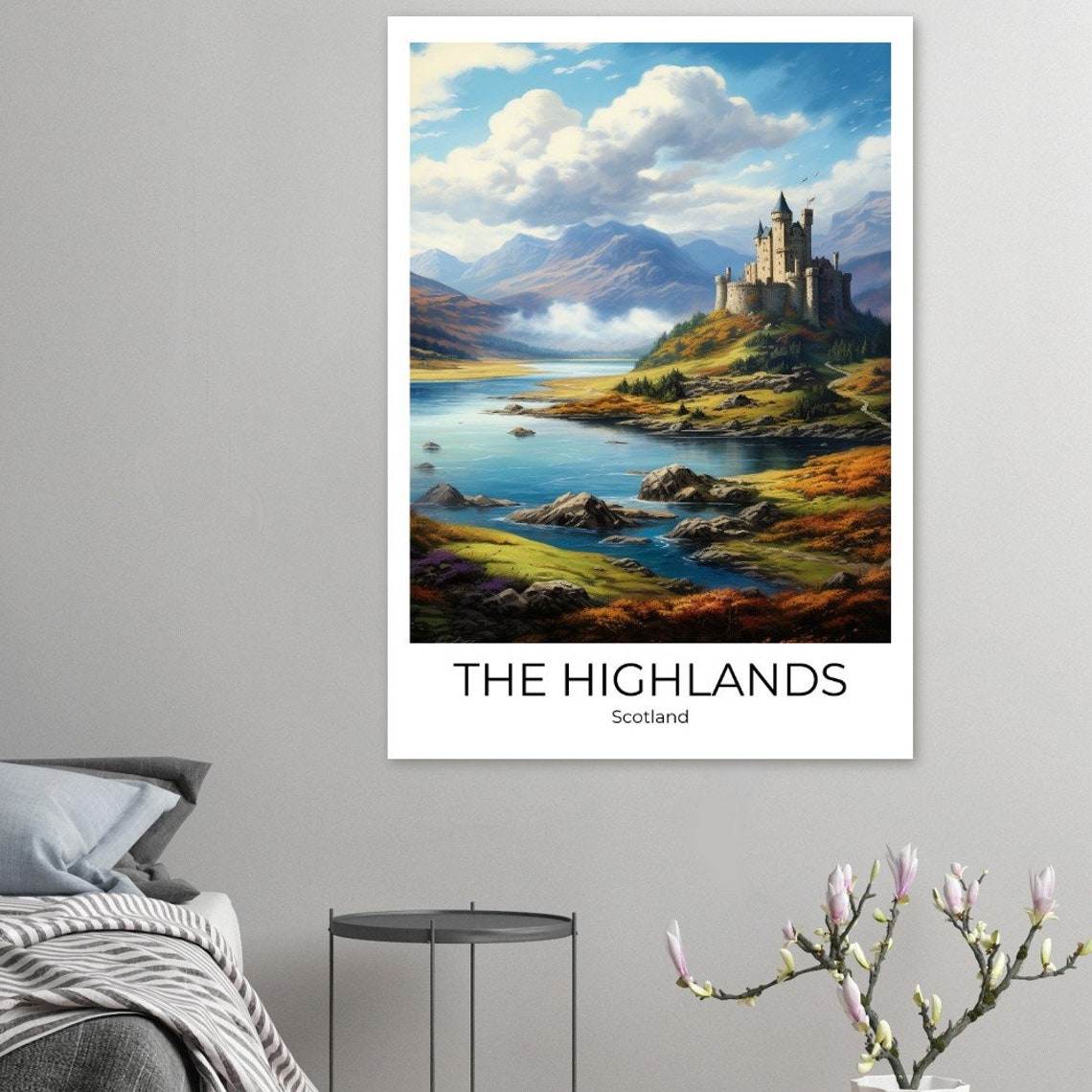 Scottish Highlands Castle Overlooking a Loch Between Mountains Poster - Image 4