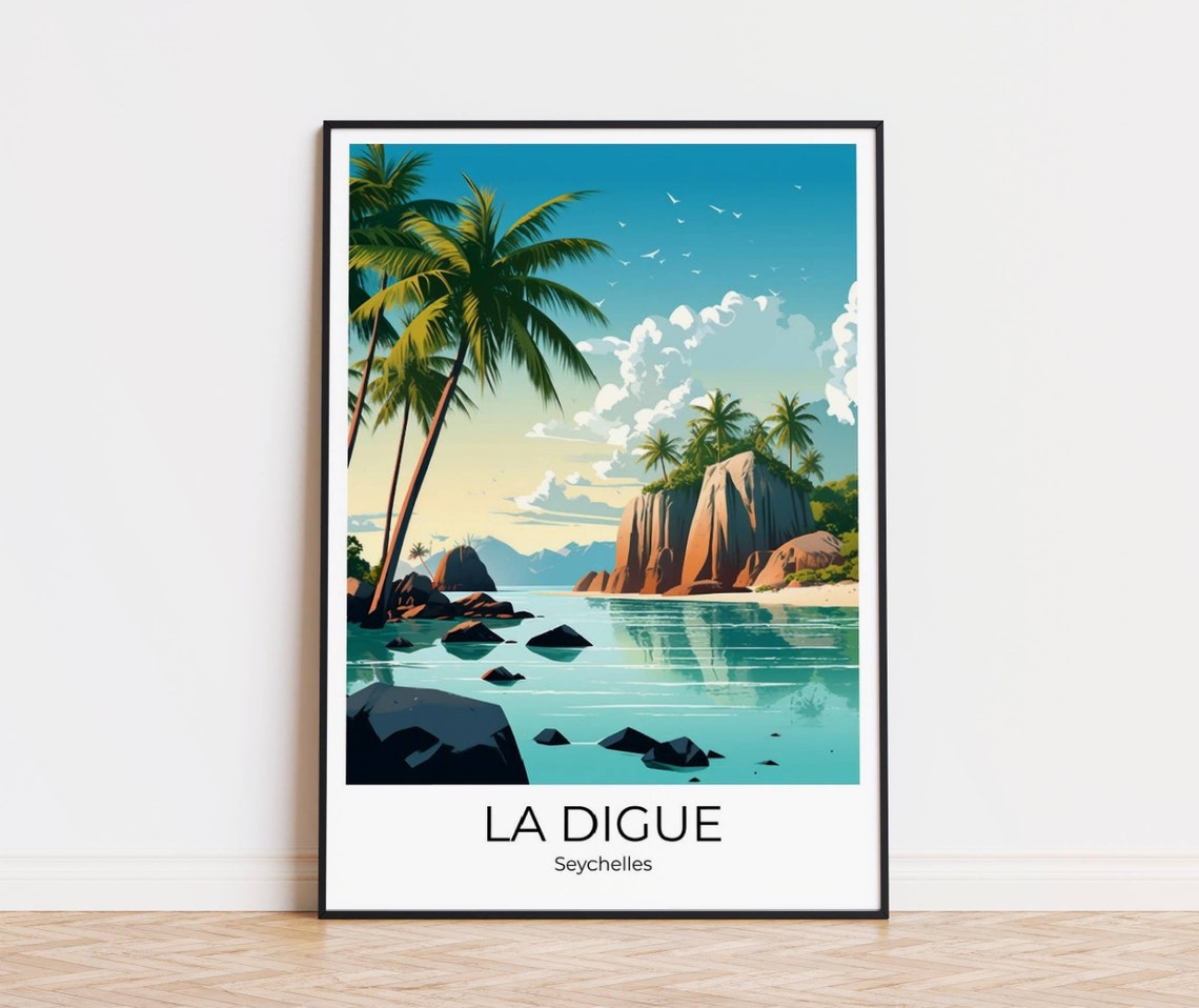 La Digue Seychelles Granite Rocks Palm Beach Tropical Travel Poster