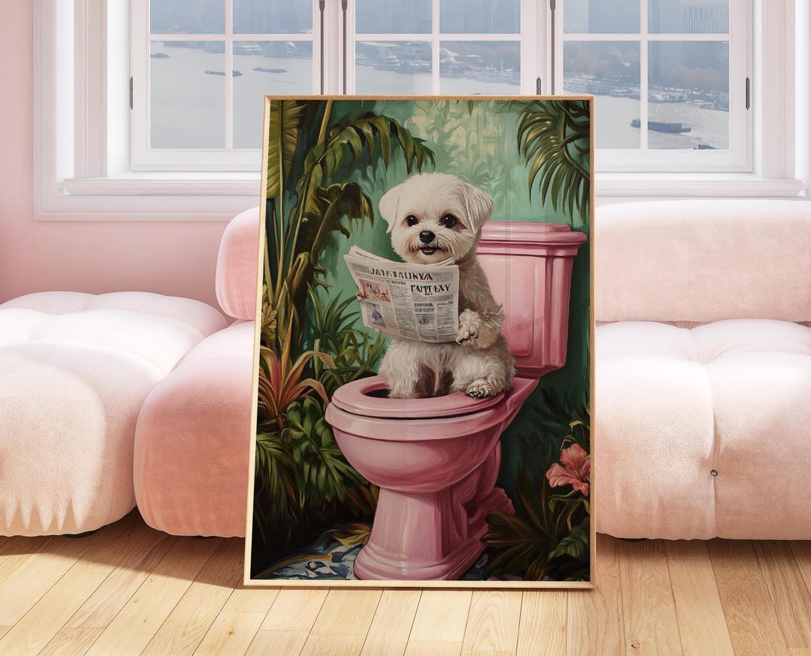 Maltese Dog Smiling with Newspaper on Pink Toilet Humor Poster - Image 4