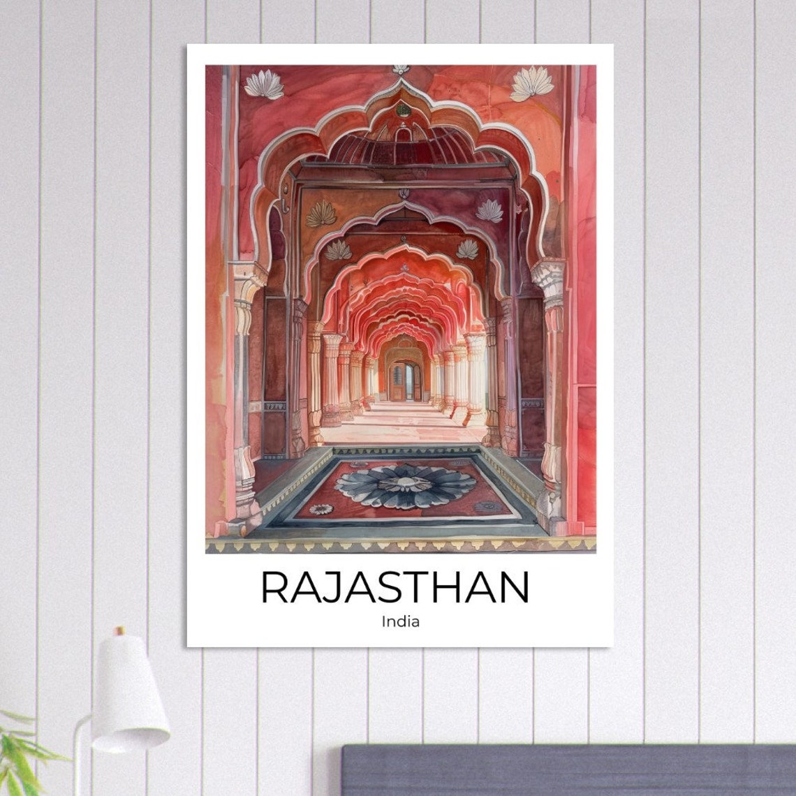 Rajasthan India Red Palace Arched Corridor Watercolor Poster - Image 3
