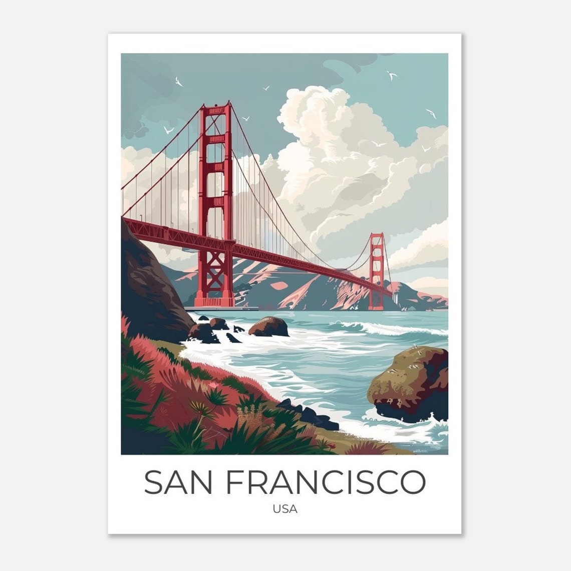 San Francisco Golden Gate Bridge Vintage Style Coastline Poster