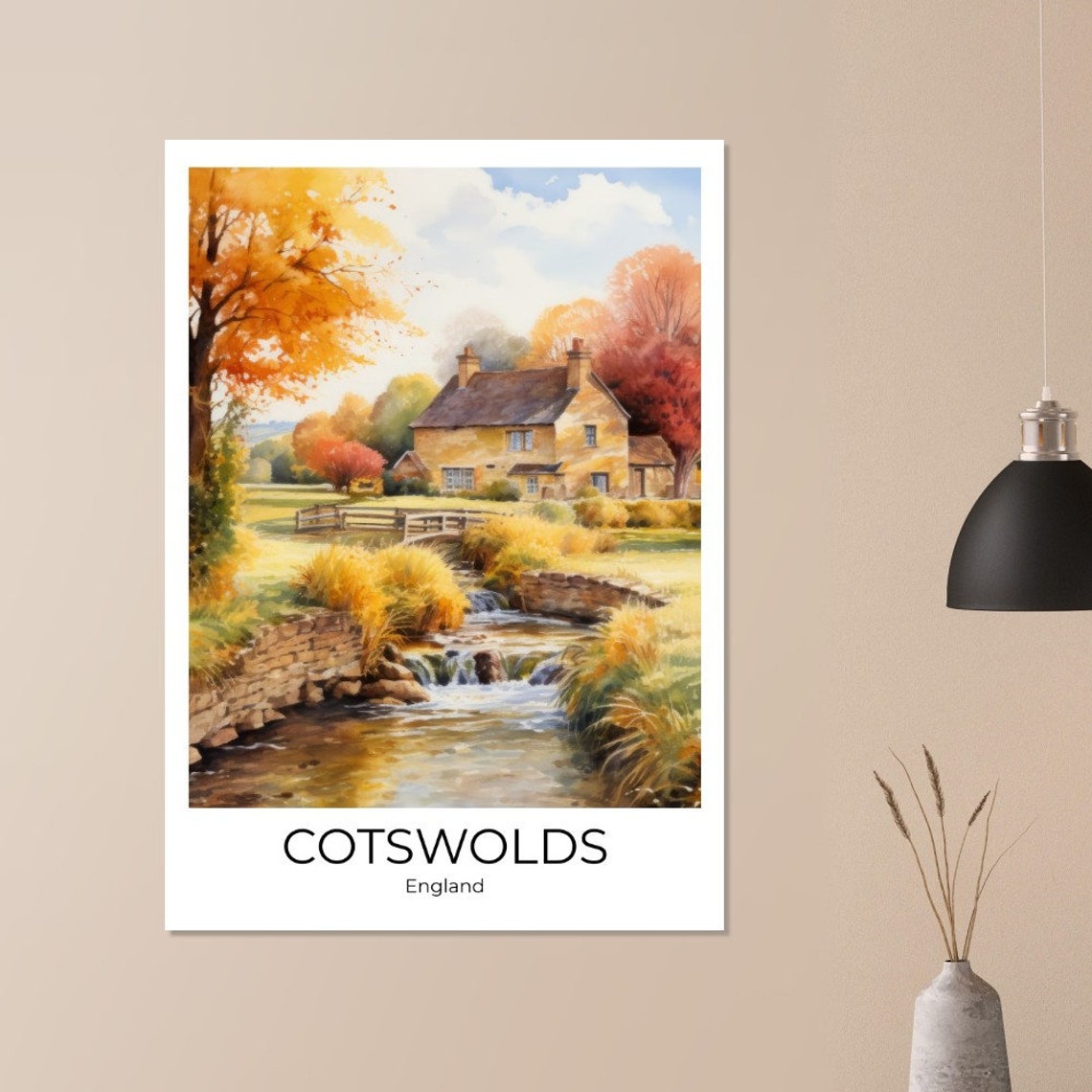 Cotswolds England Autumn Cottage With Stream and Footbridge Poster - Image 3