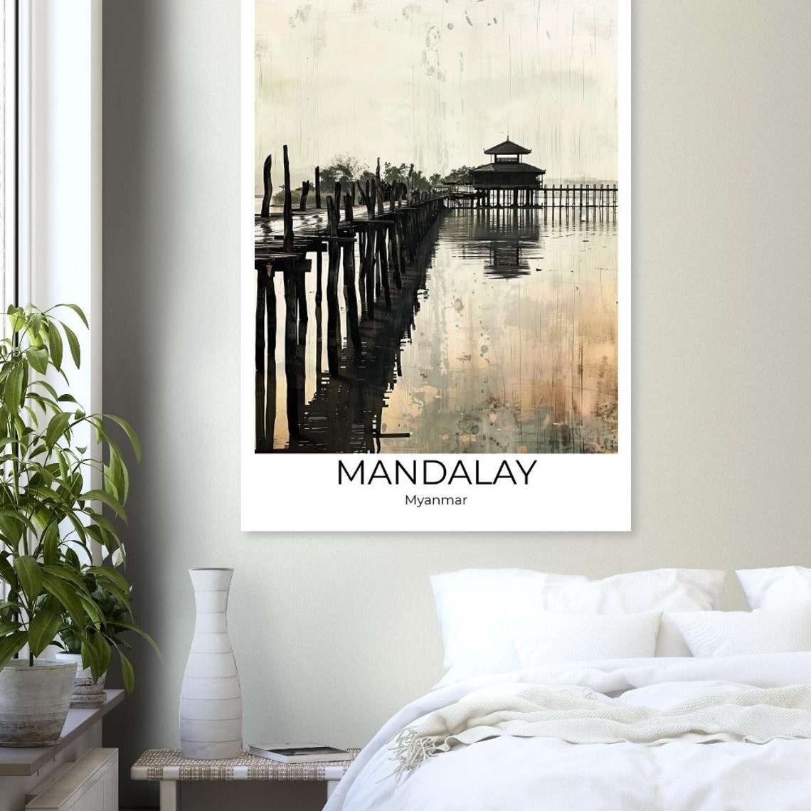 Mandalay Myanmar Teak Footbridge Still Lake Ink Wash Art Poster - Image 2