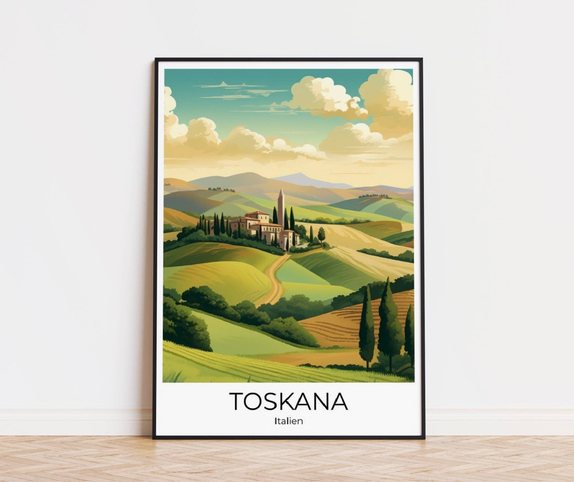 Tuscany Italy Rolling Hills Farmhouse and Cypress Trees Travel Poster