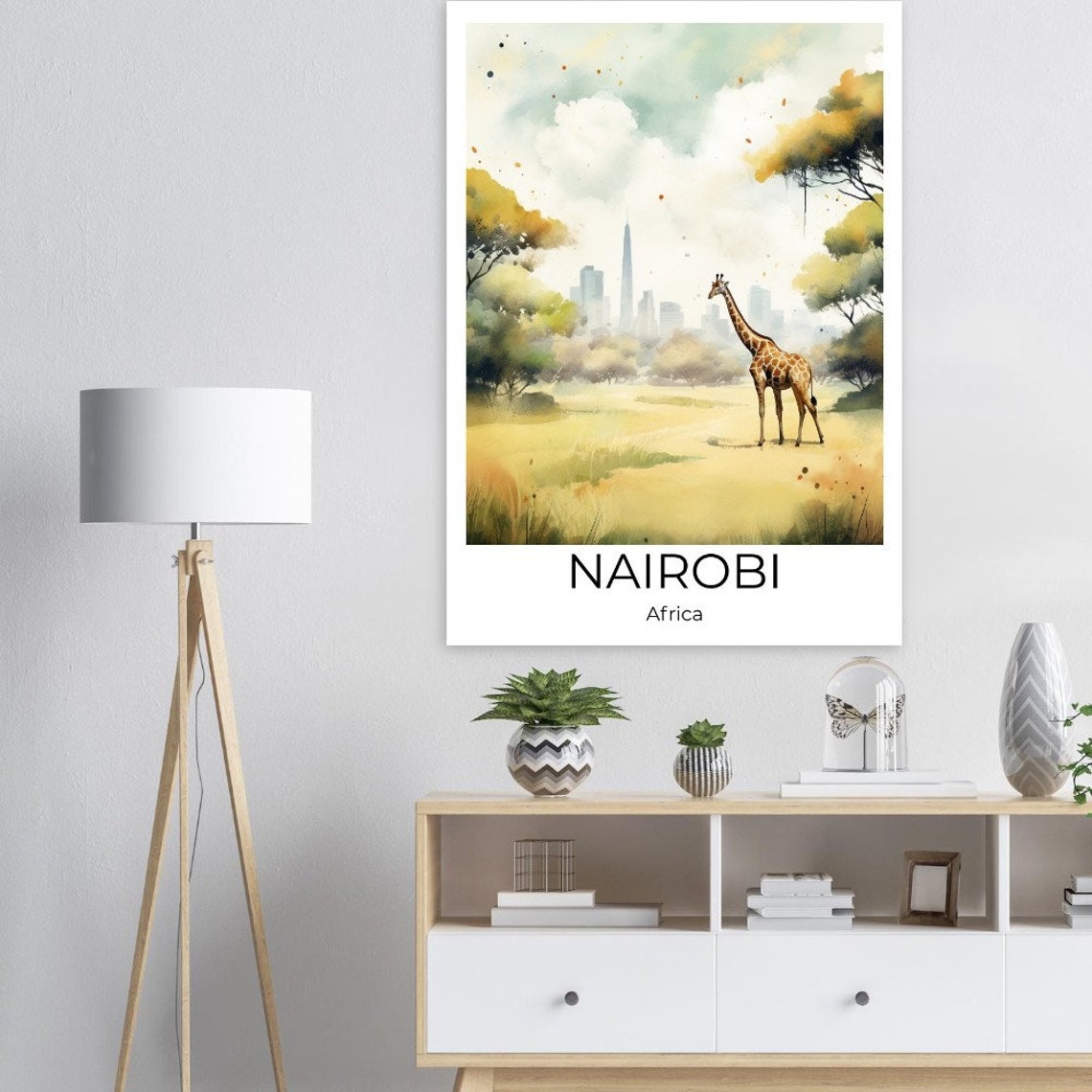 Nairobi Africa Watercolor Giraffe Against City Skyline Poster - Image 2