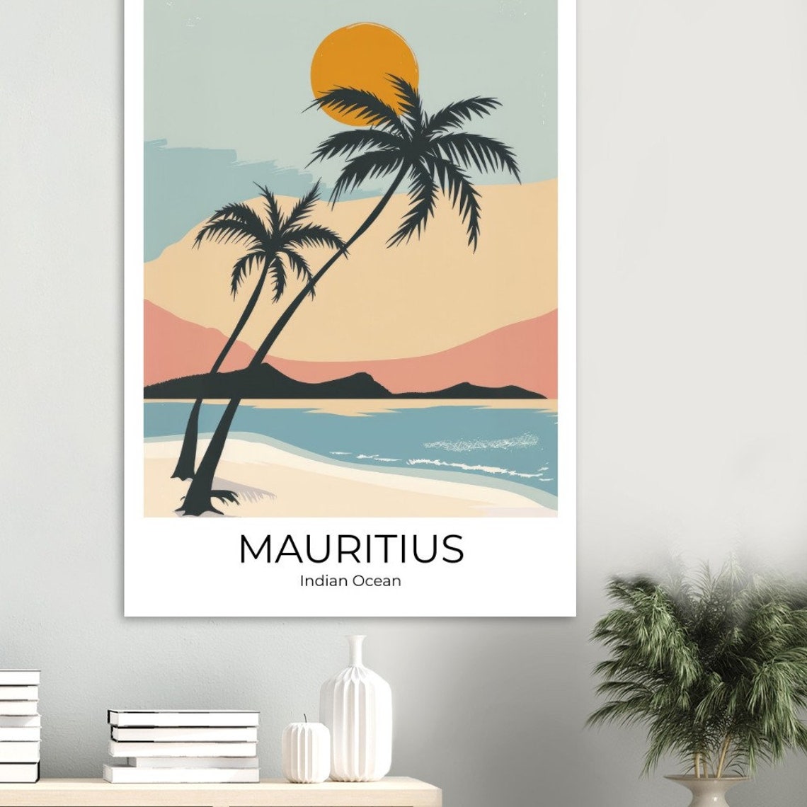 Mauritius Indian Ocean Palm Trees Sunset Beach Scene Art Poster - Image 2