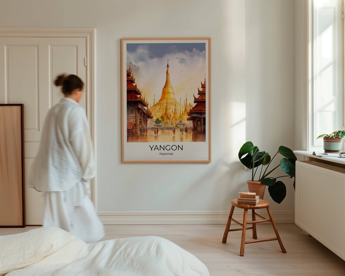 Yangon Shwedagon Pagoda Golden Stupa Pilgrims Watercolor Travel Poster - Image 4