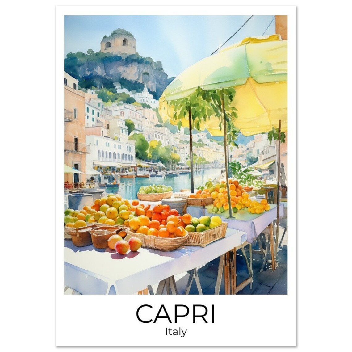 Capri Italy Fruit Market Oranges Waterfront Watercolor Poster - Image 2