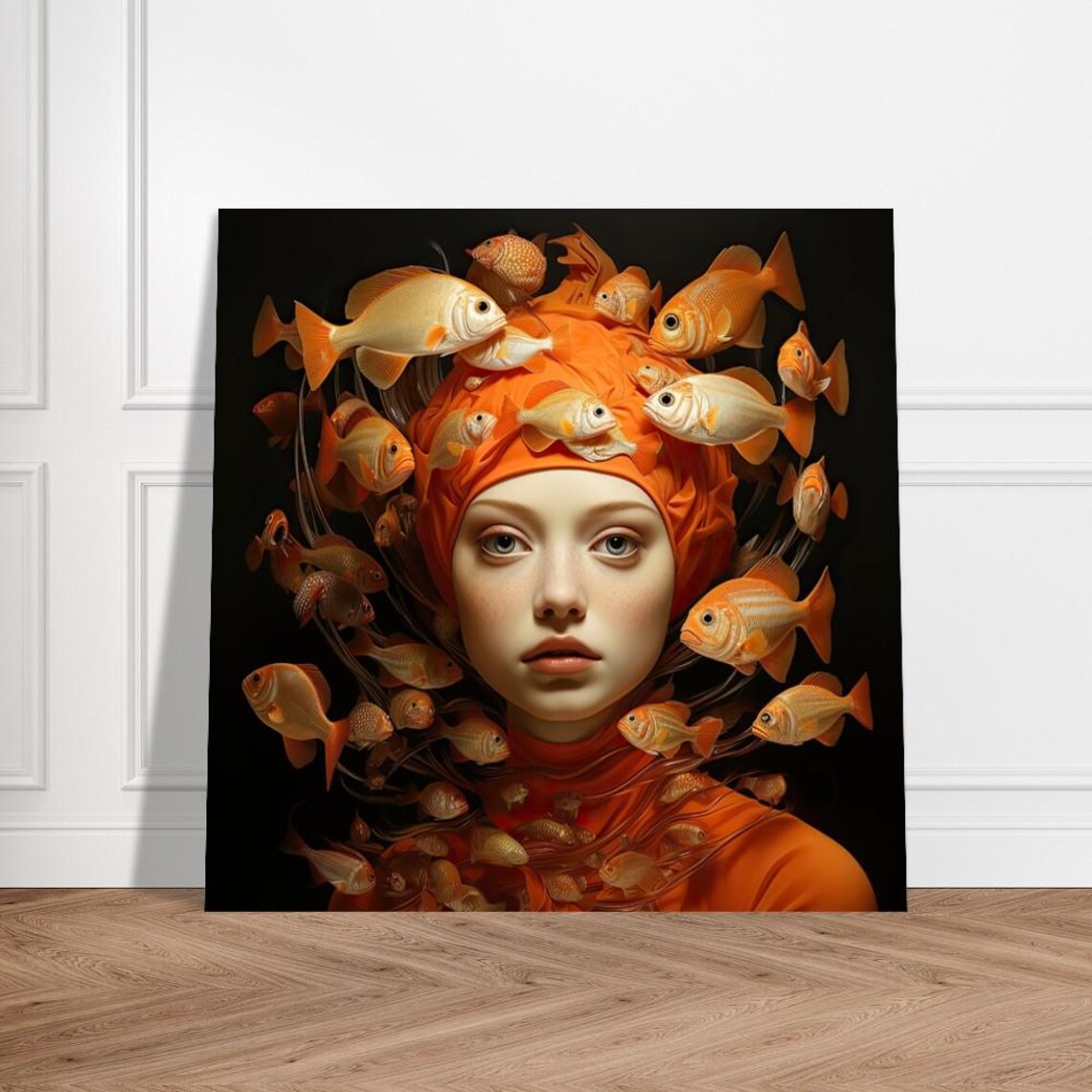 Surreal Orange Fish Portrait Wall Art Woman Swirl Dark Fantasy