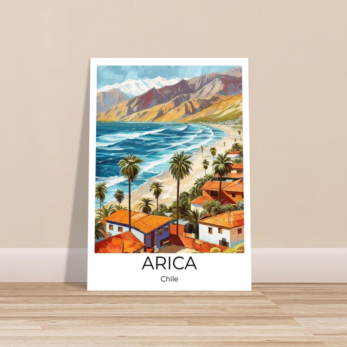 Arica Chile Palm Beach Terracotta Roofs Mountain Coast Travel Poster