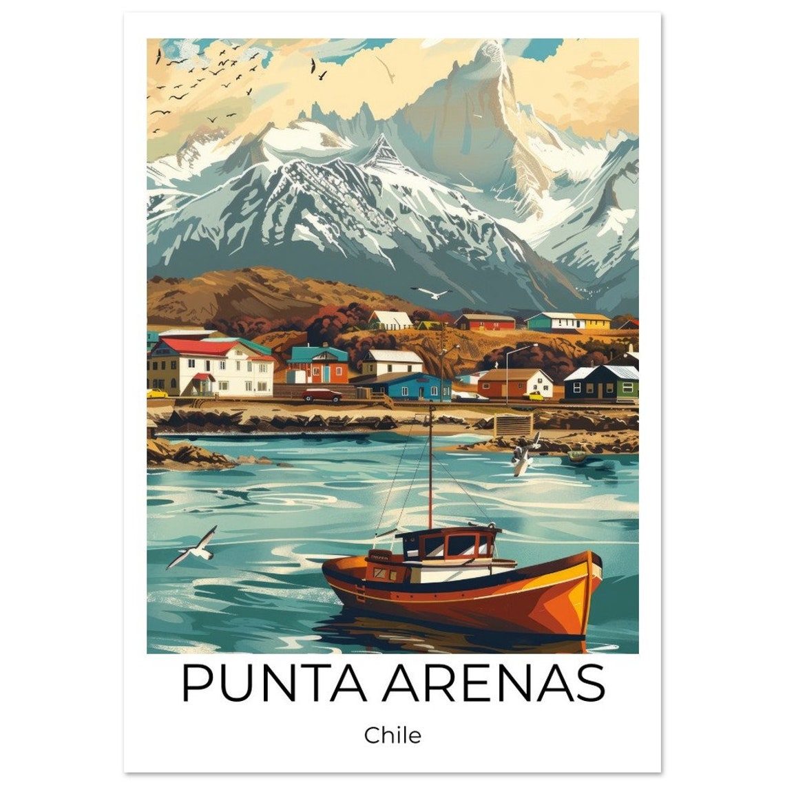 Punta Arenas Chile Harbor Boat Snowy Peaks Illustration Poster - Image 4