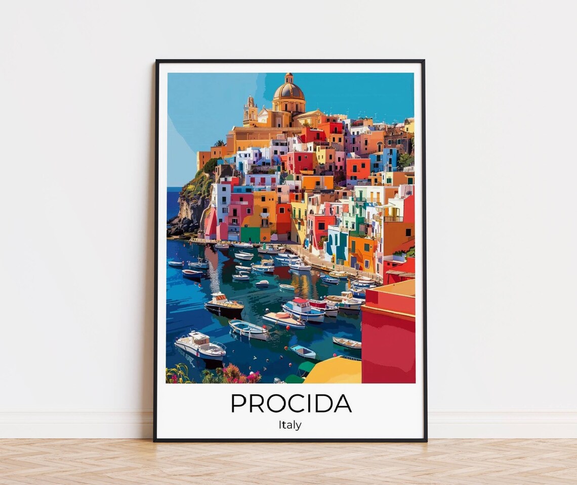 Procida Italy Colorful Harbor Boats Corricella Marina Travel Poster