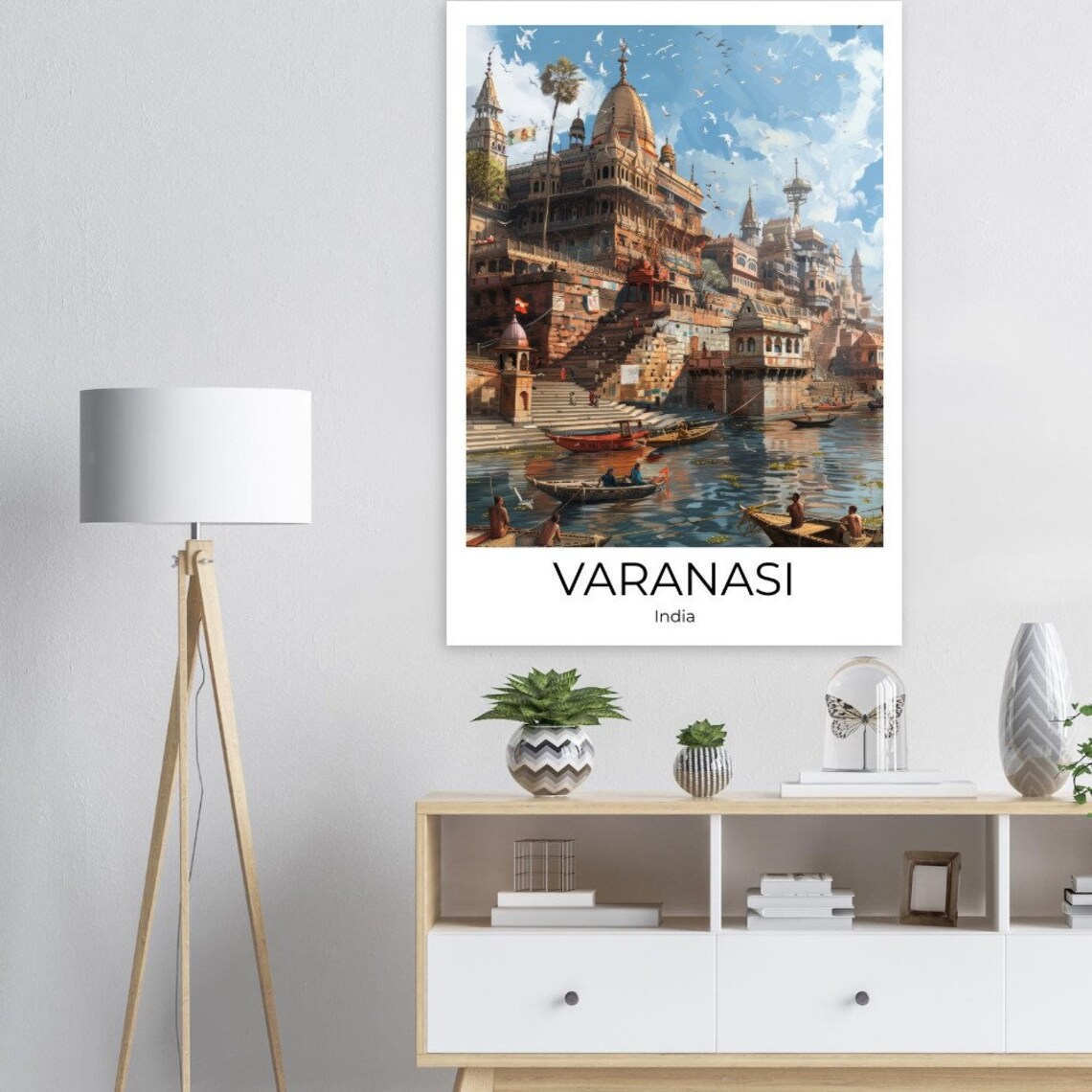 Varanasi India Grand Ghat Palace Boats Illustration Travel Poster - Image 2