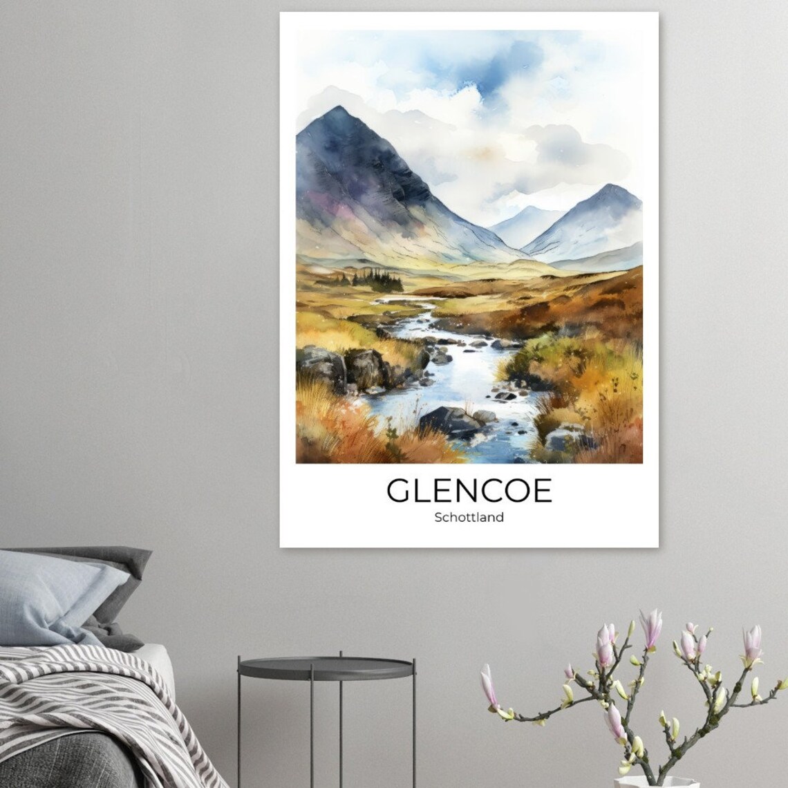 Glencoe Scotland Misty Watercolor Mountains and River Travel Poster - Image 2