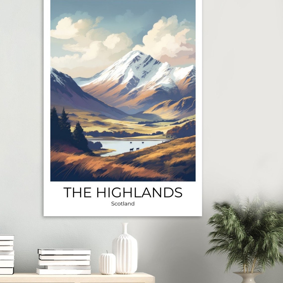 Scottish Highlands Snow Mountain Lake Golden Vintage Travel Poster - Image 3