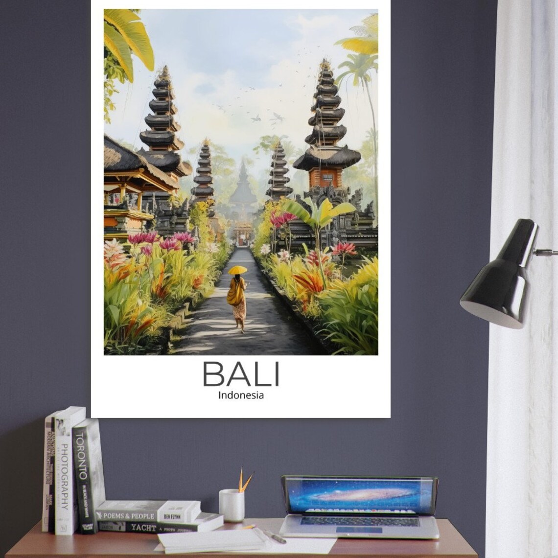 Bali Indonesia Watercolor Temple Meru Towers Garden Travel Poster - Image 4