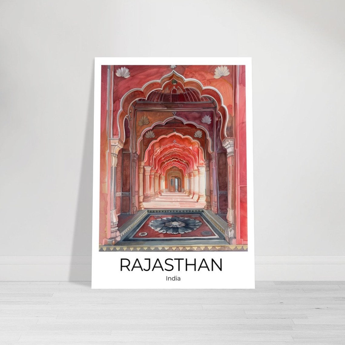 Rajasthan India Red Palace Arched Corridor Watercolor Poster