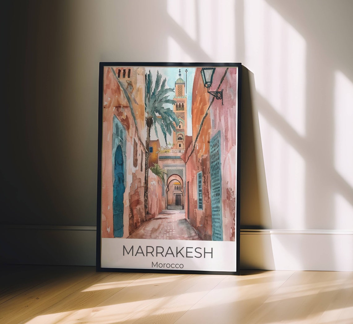 Marrakesh Medina Alley Minaret Watercolor Morocco Travel Poster - Image 2