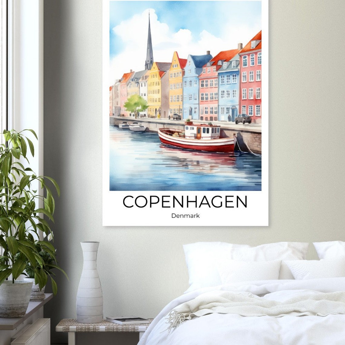 Copenhagen Denmark Watercolor Harbor Boat Cityscape Travel Poster - Image 2
