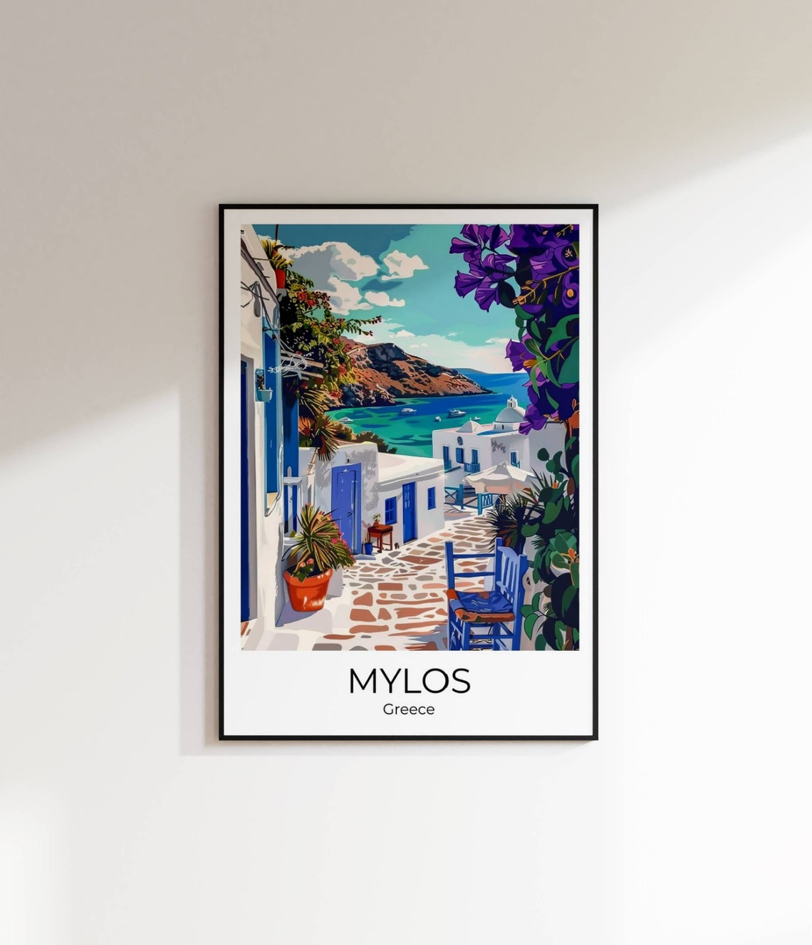 Mylos Greece White Village Blue Doors Bay Coast Travel Poster - Image 3