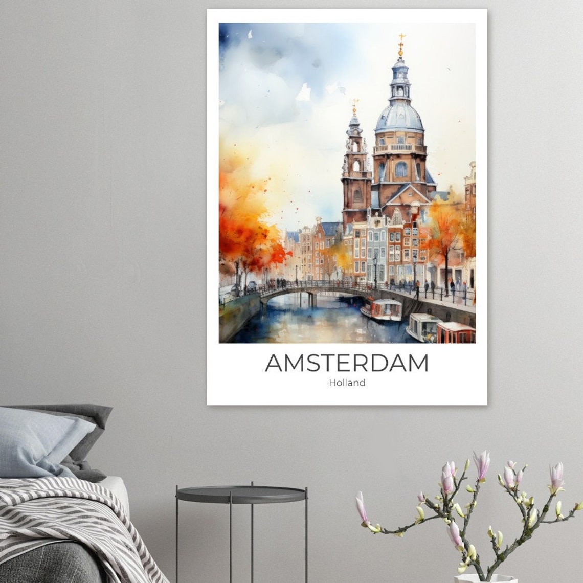 Amsterdam Holland Autumn Canal Bridge Church Watercolor Poster - Image 4