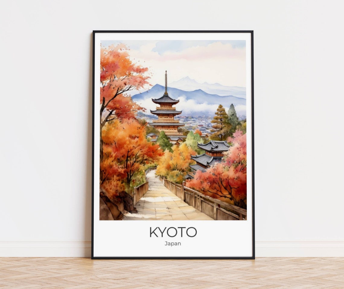 Kyoto Temple Pagoda Autumn Leaves Mountain Path Japan Travel Poster