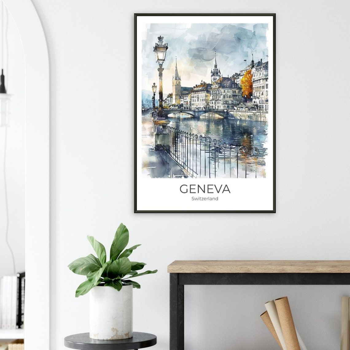 Geneva Switzerland Riverside Bridge Old Town Watercolor Travel Poster - Image 2