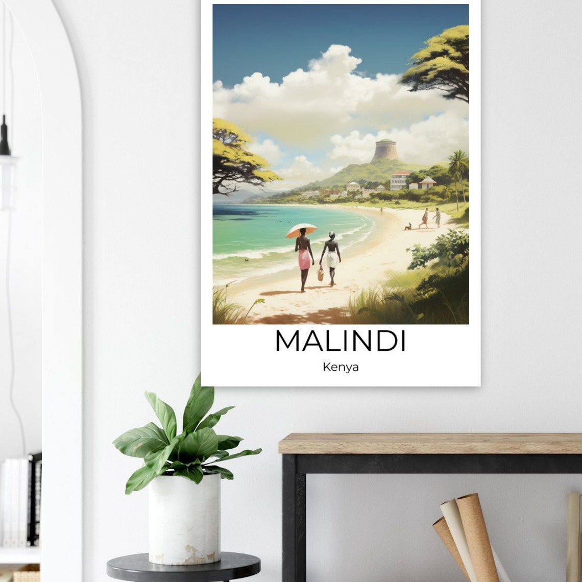 Malindi Kenya Two Women With Umbrella on Sunny White Sand Beach Poster - Image 2