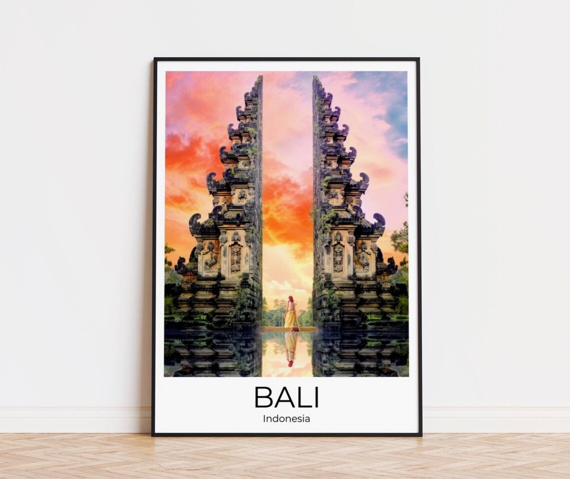 Bali Indonesia Gates of Heaven Temple Sunset Travel Art Poster