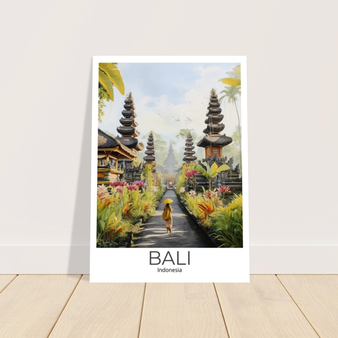 Bali Indonesia Watercolor Temple Meru Towers Garden Travel Poster - Image 2