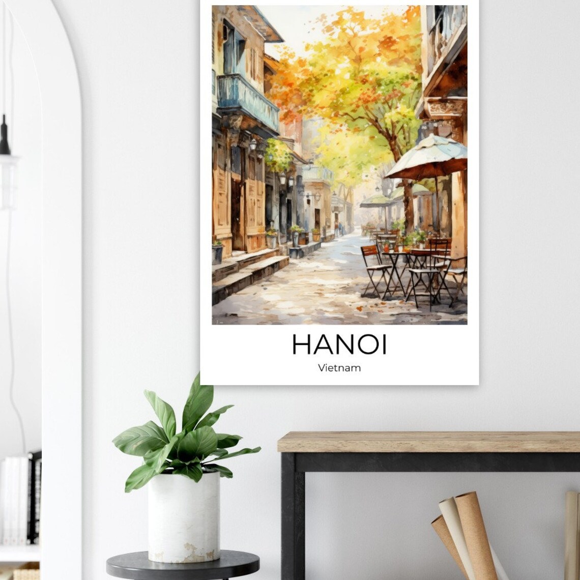 Hanoi Vietnam Old Quarter Cafe Street Watercolor Travel Poster - Image 4