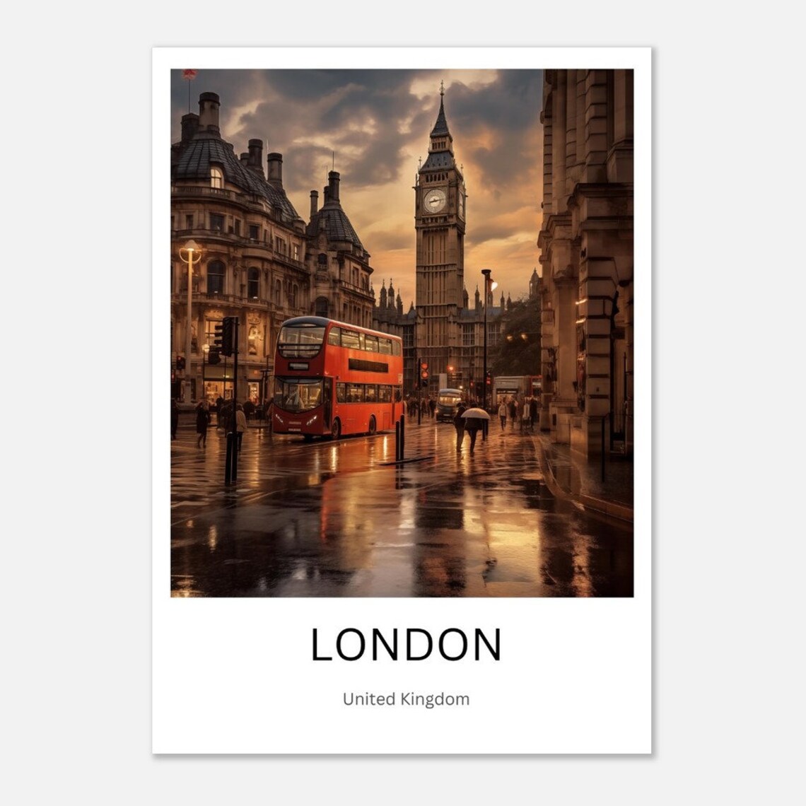 London Big Ben Red Bus Rainy Dusk Street Scene Travel Poster