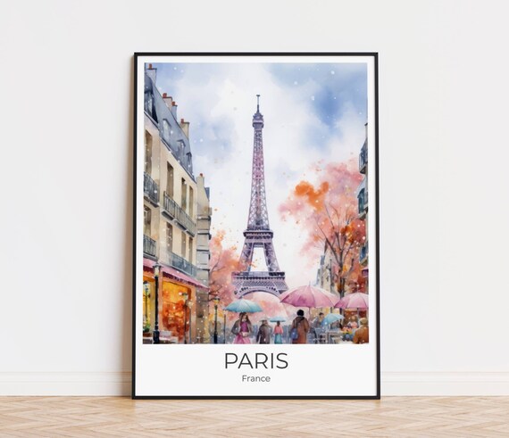 Paris France Eiffel Tower Autumn Umbrellas Watercolor Poster