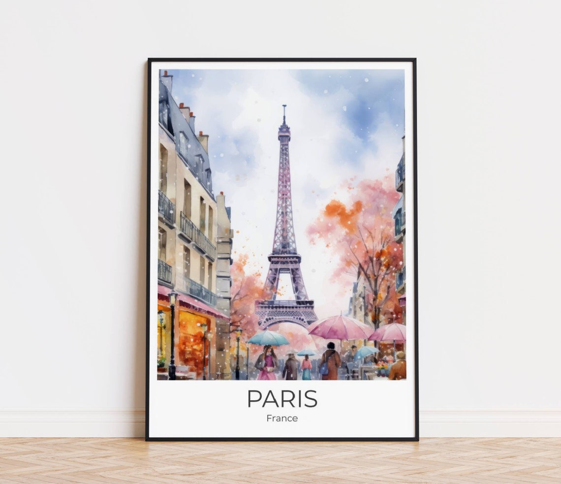 Paris France Eiffel Tower Autumn Umbrellas Watercolor Poster
