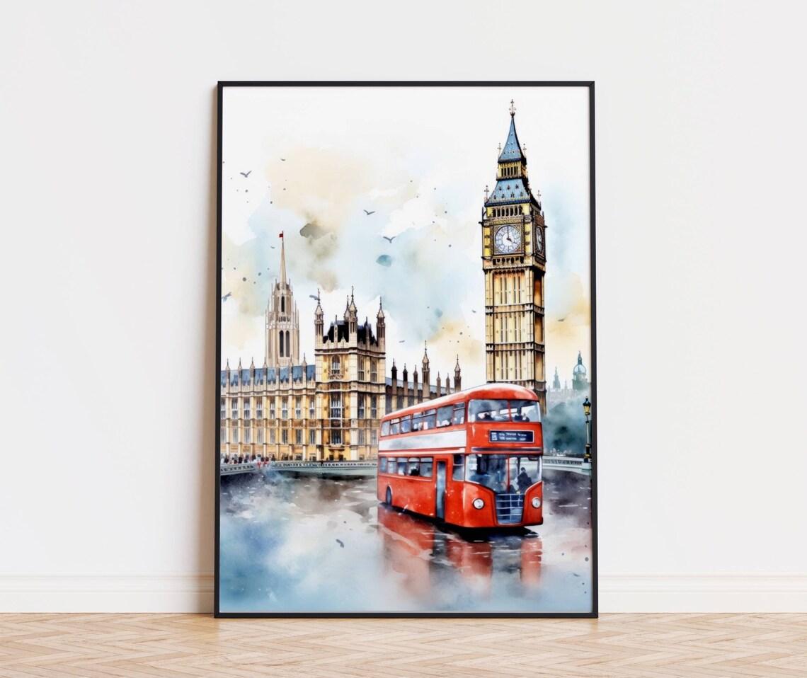 London Big Ben Houses Of Parliament Red Bus Watercolor Poster
