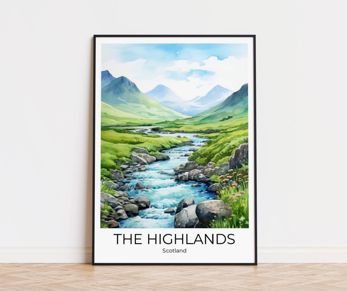 Scottish Highlands Summer Green Valley Stream Mountains Travel Poster