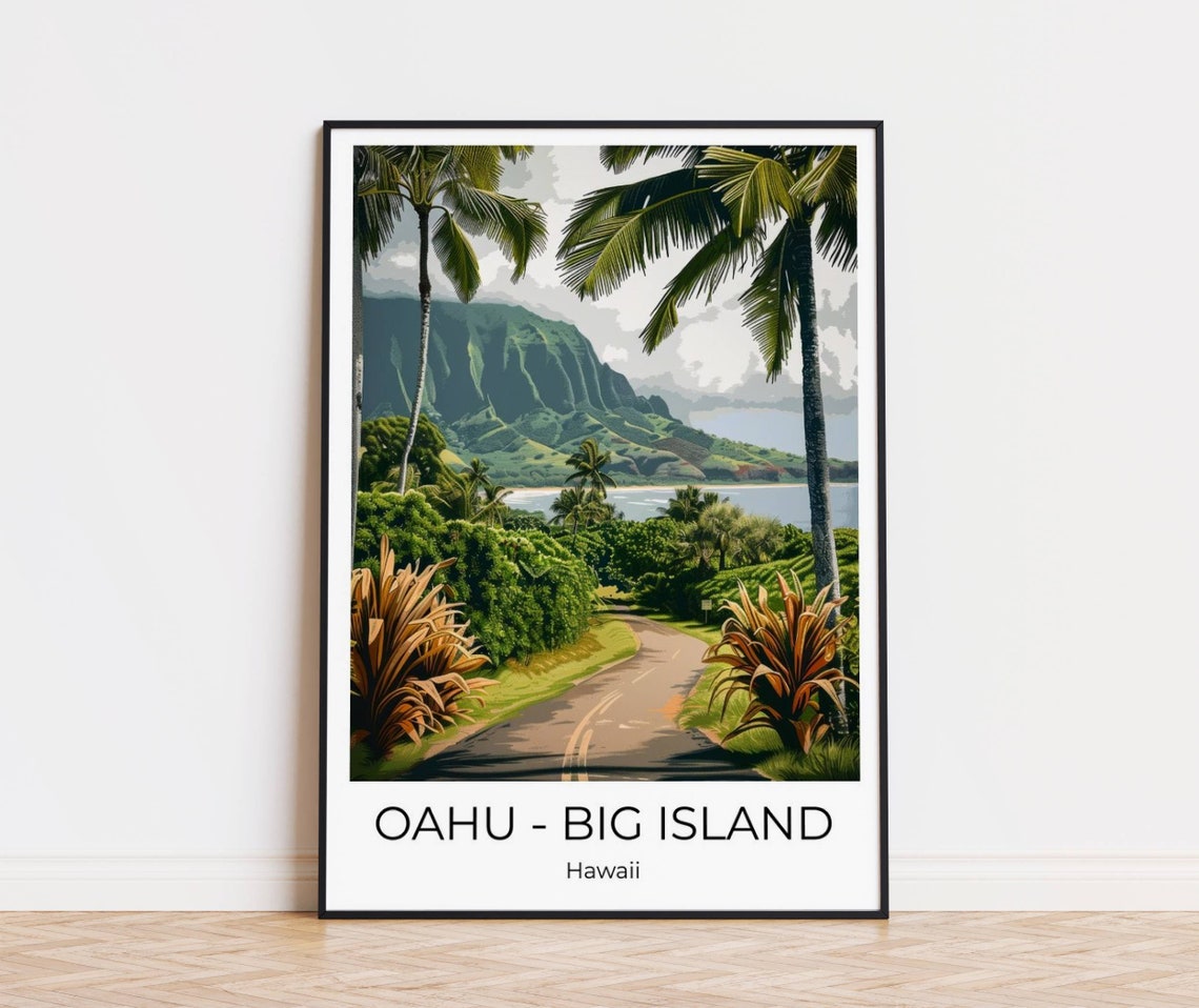 Oahu Big Island Hawaii Palm Lined Coastal Road Cliffs Travel Poster